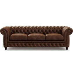 Valencia Parma 92" Leather Chesterfield Sofa, Premium Leather Upholstery, 3 Seater with Button-Tufted Back, Solid Wood Feet, Mid-Century Modern Design