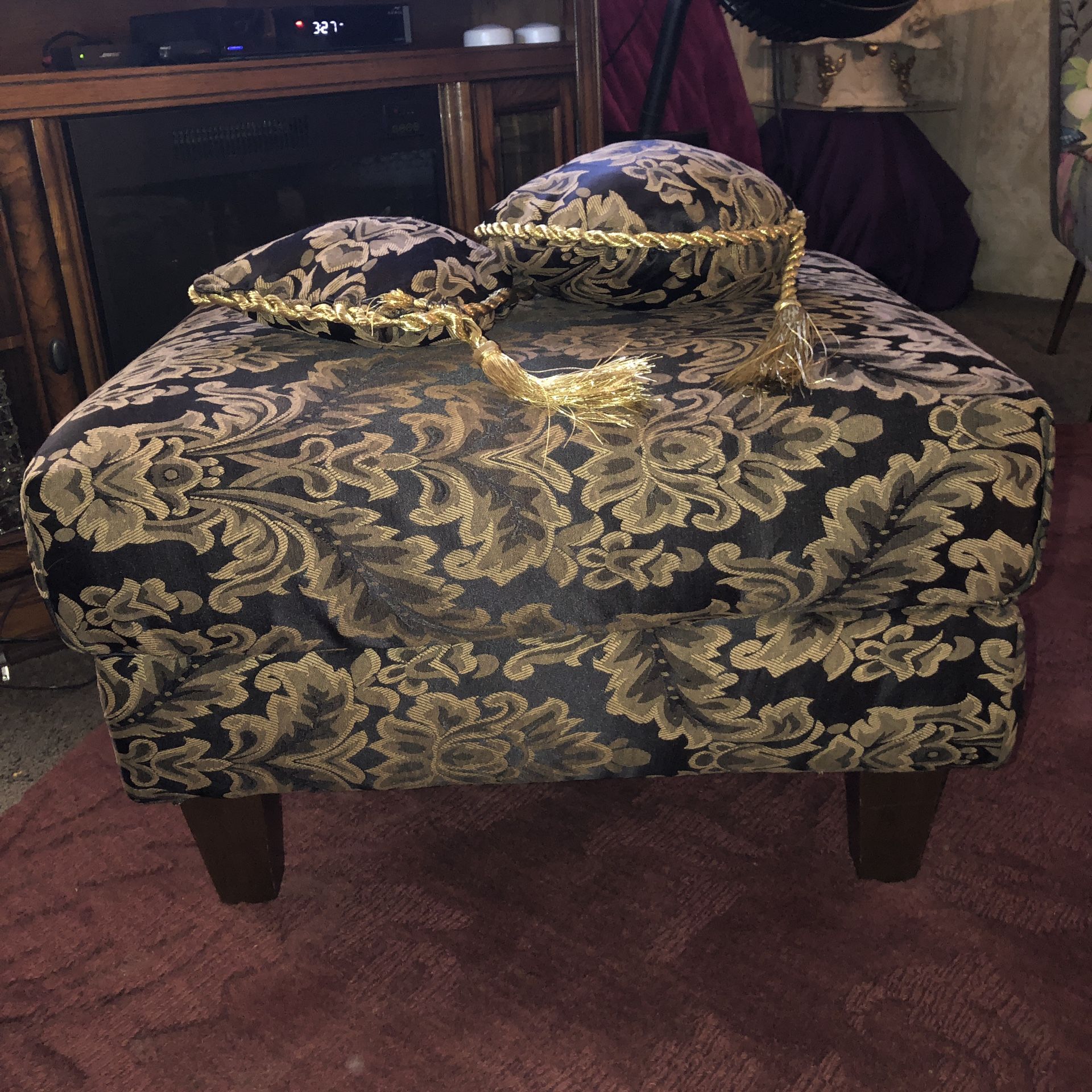 Ottoman Large Foot Stool Black And Gold And 2 Matching throw Pillows New Covering