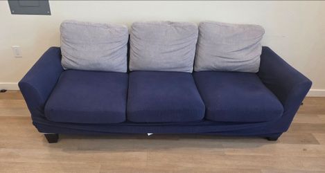 Three-Seater Sofa with Blue Slipcover and Grey Cushions