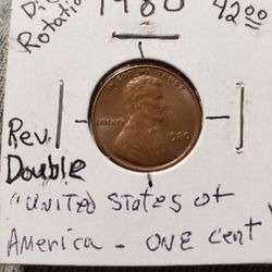 1BX300 NICE REVERSE DOUBLING & DIE ROTATION 1980 LINCOLN CENT 