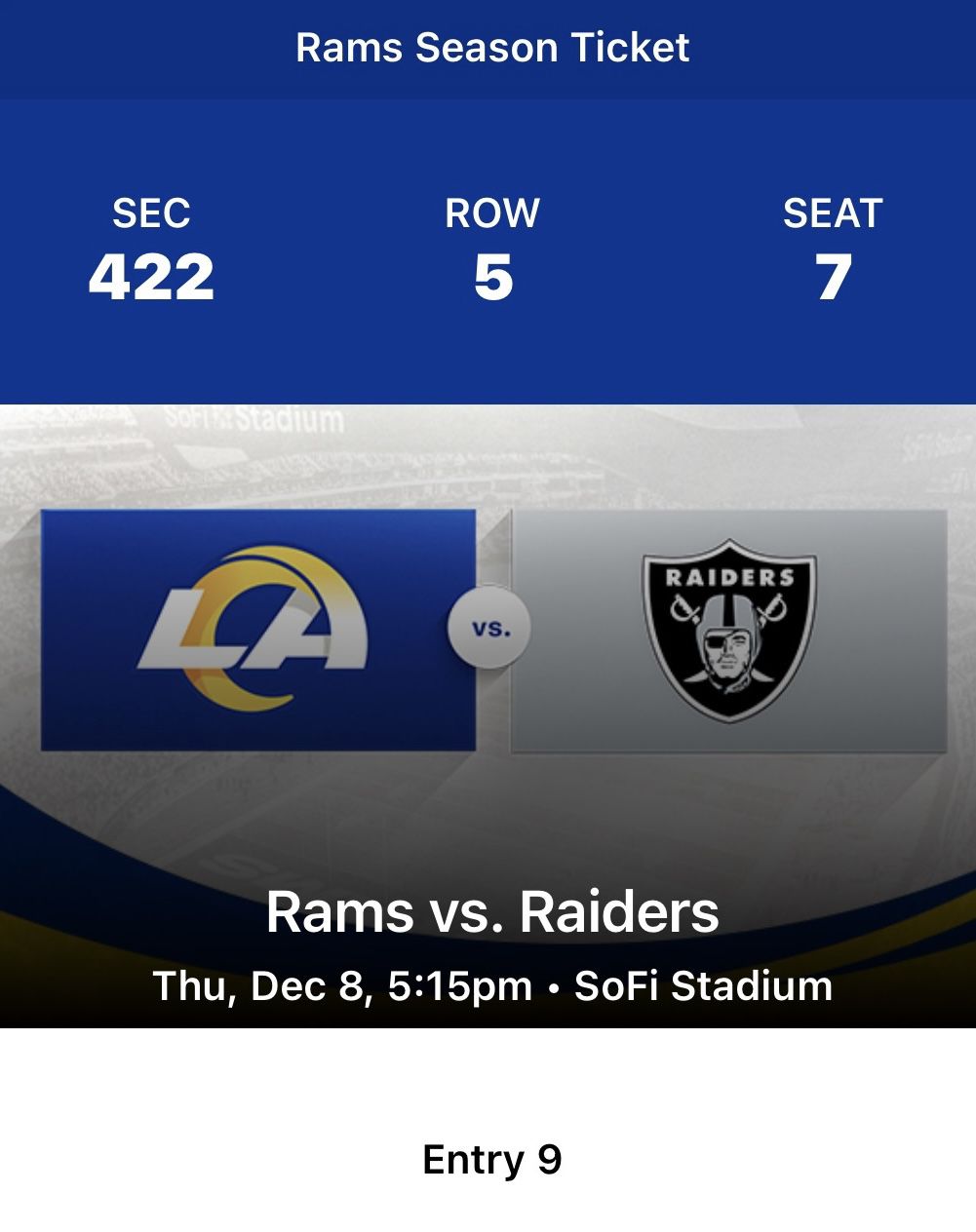Rams Vs Raiders 1 Ticket Sec 422 Row 5 $175
