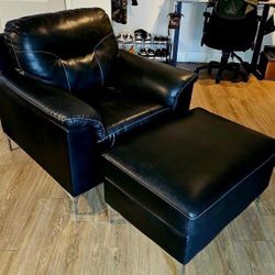 Black Leather Chair with Ottoman