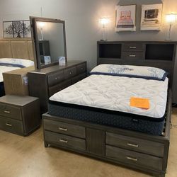 New/ Gray Bookcase Platform Bedroom Set/Bedroomset/Dresser,mirror,nightstand,bed/Queen And King Size Available/Mattress Sold Separately