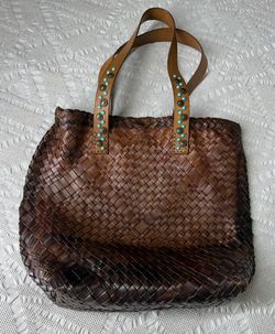 Johnny Was Italian Woven Leather Tote Bag – Turquoise Detail