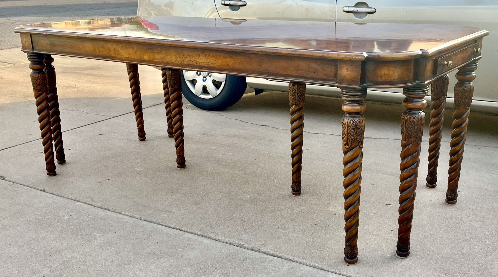 Absolutely Gorgeous Vintage 86” Barley Twist Table w/ Marquetry Inlaid Top & Side Drawers