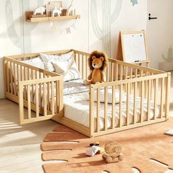 Twin Montessori Floor Bed with Door , Wooden Easy Assemble Twin Size Beds Frame No Box Spring Needed