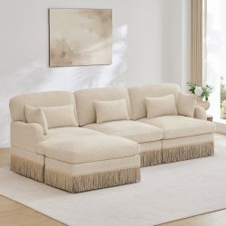 Target 100" Modular Leopard Print Chenille L-Shaped Sectional Sofa with Ottoman and Fringe Trim, BEIGE