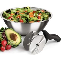 Stainless Steel Salad Cutter Bowl with Chef Grade Mezzaluna Ultra-Fast Salad Prep