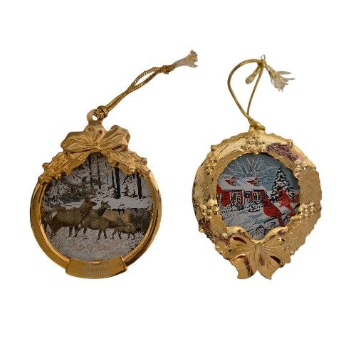  Duchin goldtone ornaments snowy red house with Cardinals & deer in snowy woods