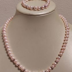 BEADED LIGHT PINK PEARLS NECKLACE & BRACELET SET 