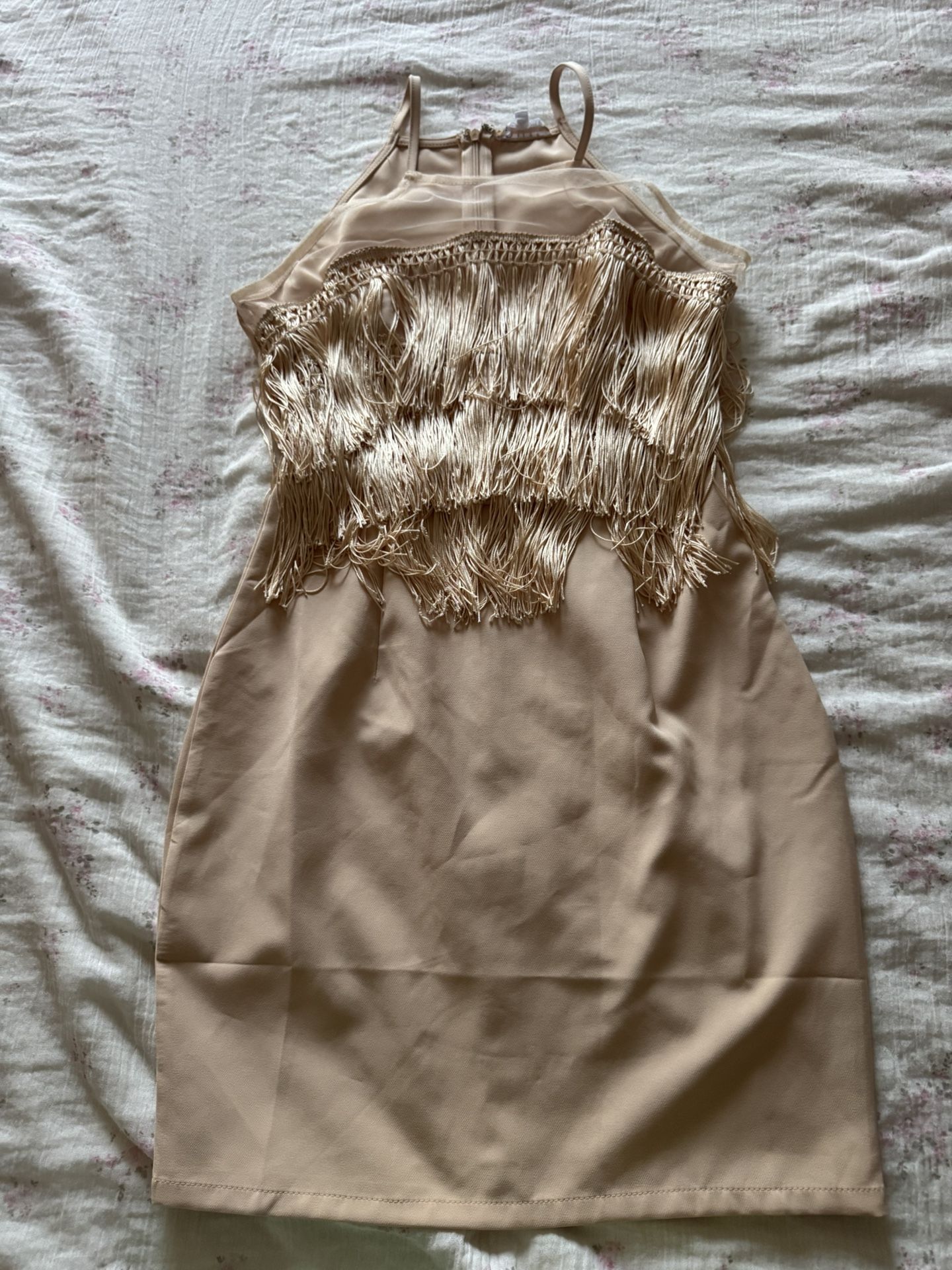 Tan Fringe Mini Dress, Vestido Con Barbilla