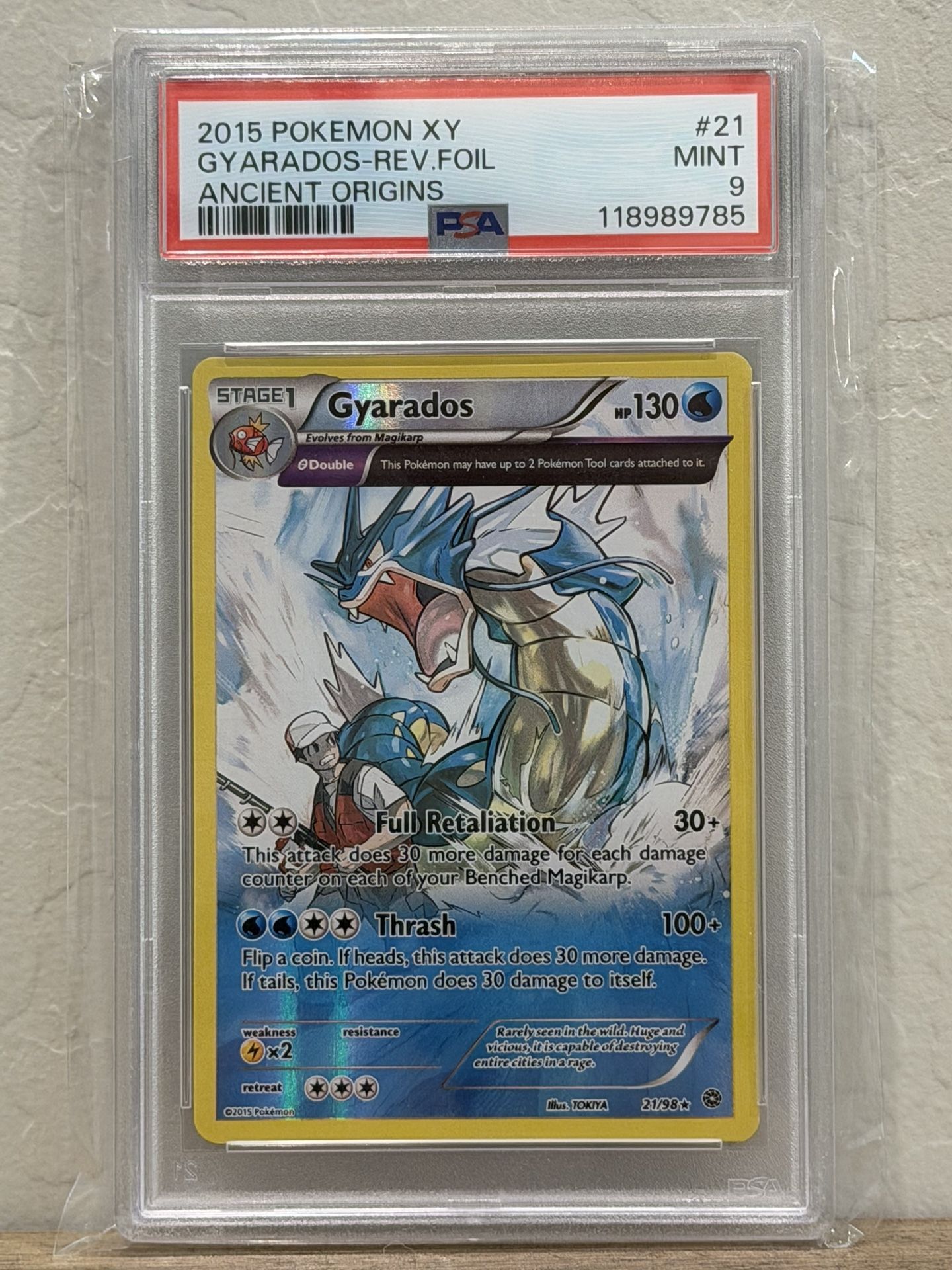 2015 POKEMON XY ANCIENT ORIGINS #21/98 GYARADOS REVERSE FOIL PSA 9