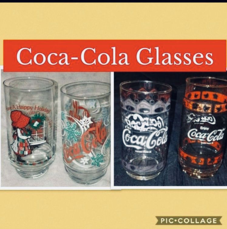 Set of 4 Vintage Coca-Cola Glasses Glassware Christmas Holiday Tiffany Style Stained