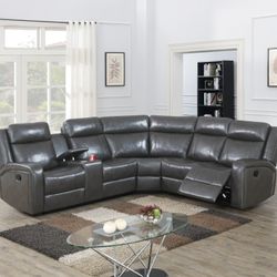 Brand New Grey Leather Reclining Sectional Sofa