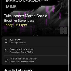 Teksupport: Marco Carola Brooklyn Storehouse ( Stage Access) ( 1 Ticket ) 