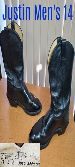 Justin Western 3040 Boots Men's 14 D Leather Vibram Oil Resist No Mark Black Pull Up Jordan