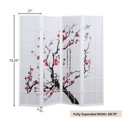 Japanese 4-Panel Screen Room Divider, Plum Blossom - Black