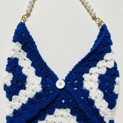 Blue white granny Crochet Bag Phone Case Cover Handmade Purse Tote Pearl/bead