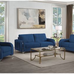 Sofa And Loveseat Blue Velvet, Chrome Trim Accent And Legs. Solid Wood Frame, Others. Loose Back And Tight Seat Cushion . New Especial Price