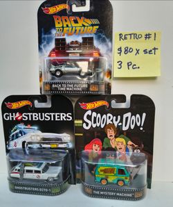 Hot Wheels Retro Cars 3-Piece Set Back to the Future Time Machine Ghostbusters Ecto-1 Scooby-Doo Mys