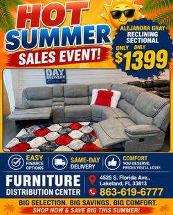 Limited time sale. Alejandra gray reclining sectional only $1399. Easy finance option. Same day, Delivery.