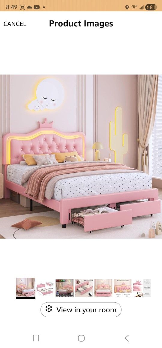 Keyluv Full Upholstered LED Bed Frame with Storage Drawer, Leather Princess Platform Bed with Adjustable Crystal Button Tufted Crown Headboard, Solid 