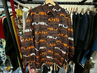 Vintage 90s FUBU The Collection Logo Print Button Up Shirt Black Orange Y2K Streetwear Size M
