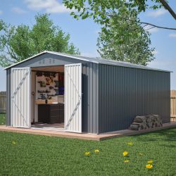 11x13 FT Metal Storage Shed with Reinforced Floor Frame Large 140.5 ft² Outdoor Garden Tool House Lockable Doors & 4 Air Vents Weatherproof Patio Back
