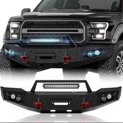 Front Bumper Compatible with 2018 2019 2020 Ford F150 (Excluding Raptor) Heavy Duty Pickup Truck Bumper with Winch Plate, Sensor Holes, 5 x LED Lights