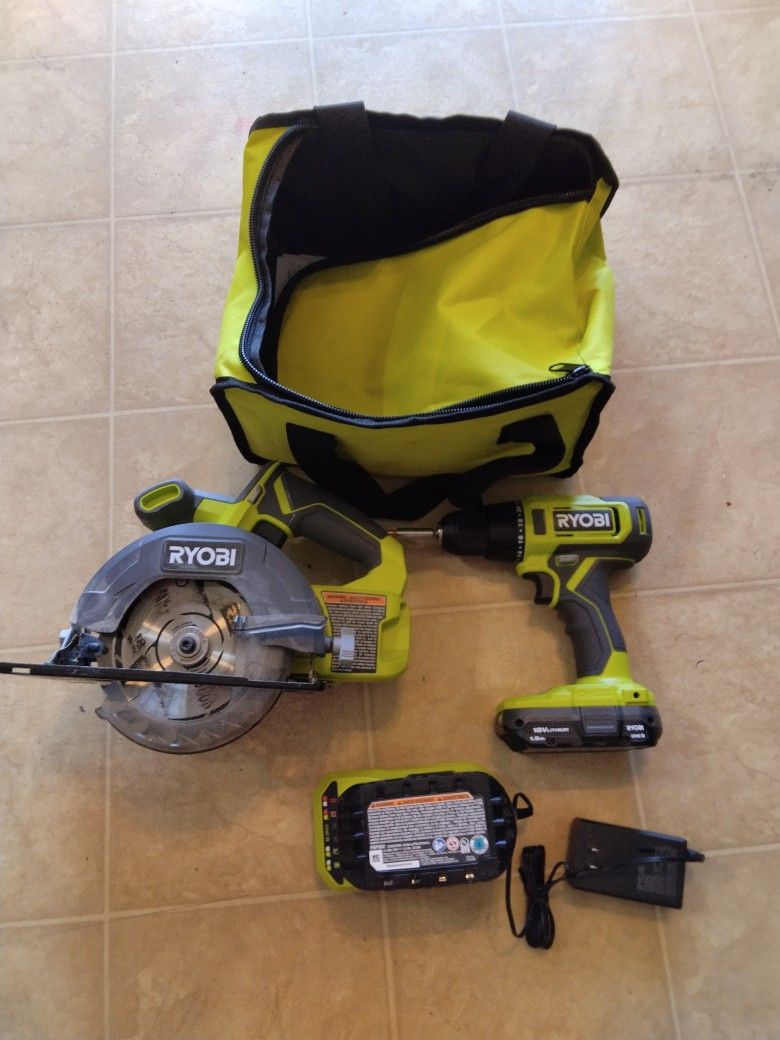 Ryobi 18v Circular Saw And Drill With Two 1.5ah Batteries And Charger