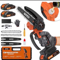 6 Inch Mini Chainsaw Cordless with 2 Batteries, Automatic Oiler Portable Electric Chain Saw, Hand Saw for Wood/Trees Cutting, Household and Garden, Fa