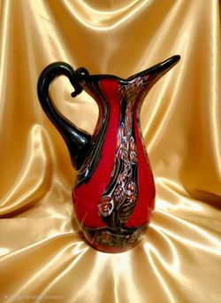 Vintage Luxury Lane Hand Blown Red/Black Art Glass Pitcher Vase 15lb, 15" Tall