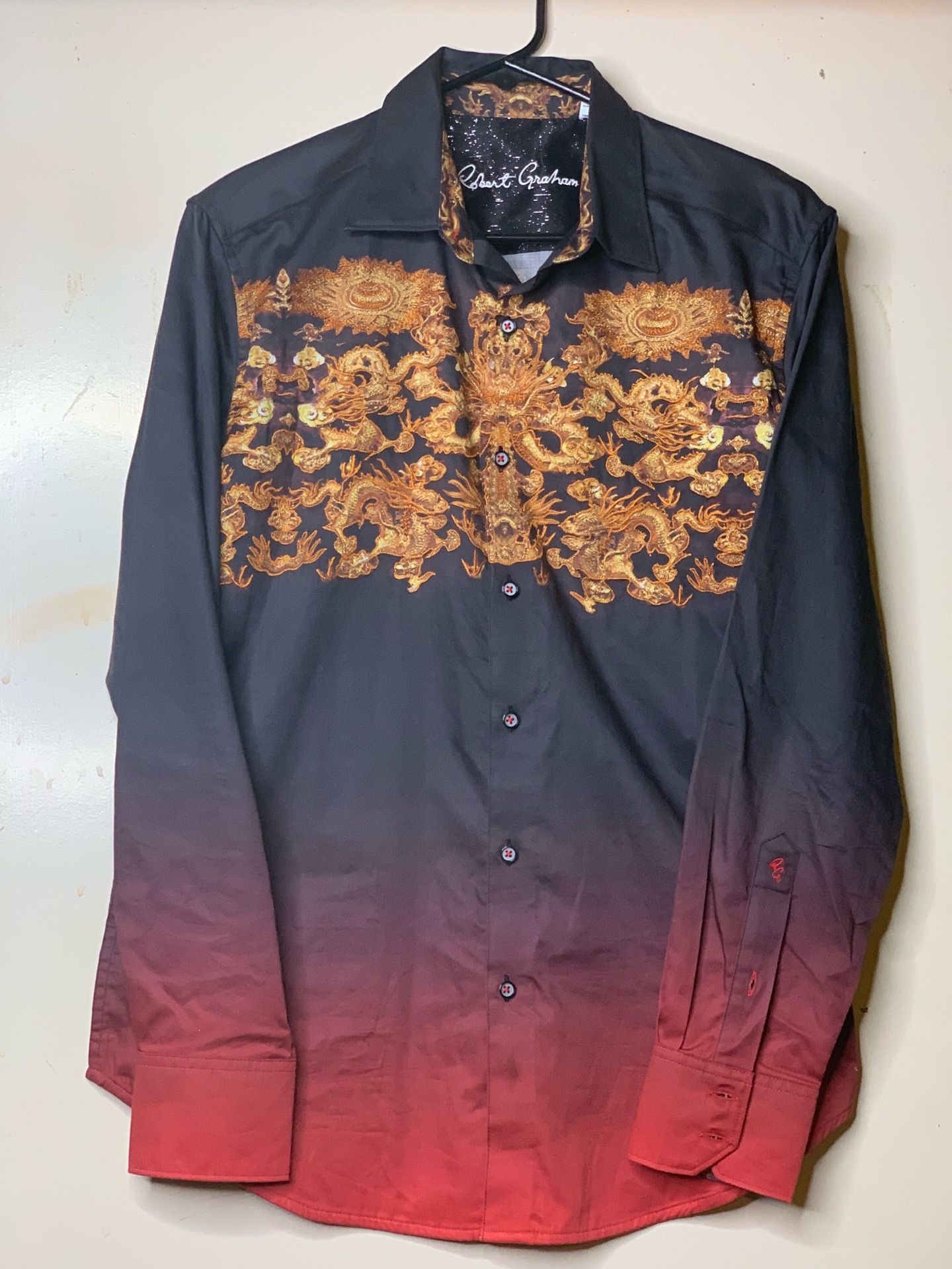 ROBERT GRAHAM ROYAL DRAGON COTTON SHIRT BLACK GOLD EMBROIDERY Sz S
