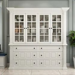 74.8"x74.8 "White Buffet Hutch with Glass Front Doors, Dining Room Sideboard Display Storage Cabinet Curio