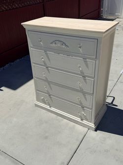 Vintage wood 5 drawer tall chest distressed white