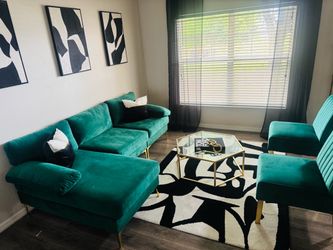 Living room small sectional,2 accent chairs, pics,rug ,coffee table,bench ,dining table(no dining chairs) decor on coffee table isn’t for sale