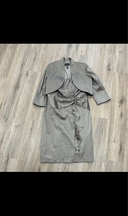R&M Richards 2pc Taupe Satin Formal Dress & Jacket Set Strapless Sz 14