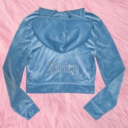 Juicy Couture light blue velour zip-up hoodie with rhinestone logo size large