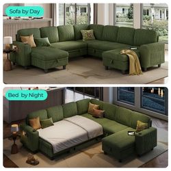 Storage Sectional Sleeper Sofa with Pull Out Bed, 9 Seat Modular Sectional Sofa with with USB & Cup Holder, Plush Corduroy Sectional Couches for Livin