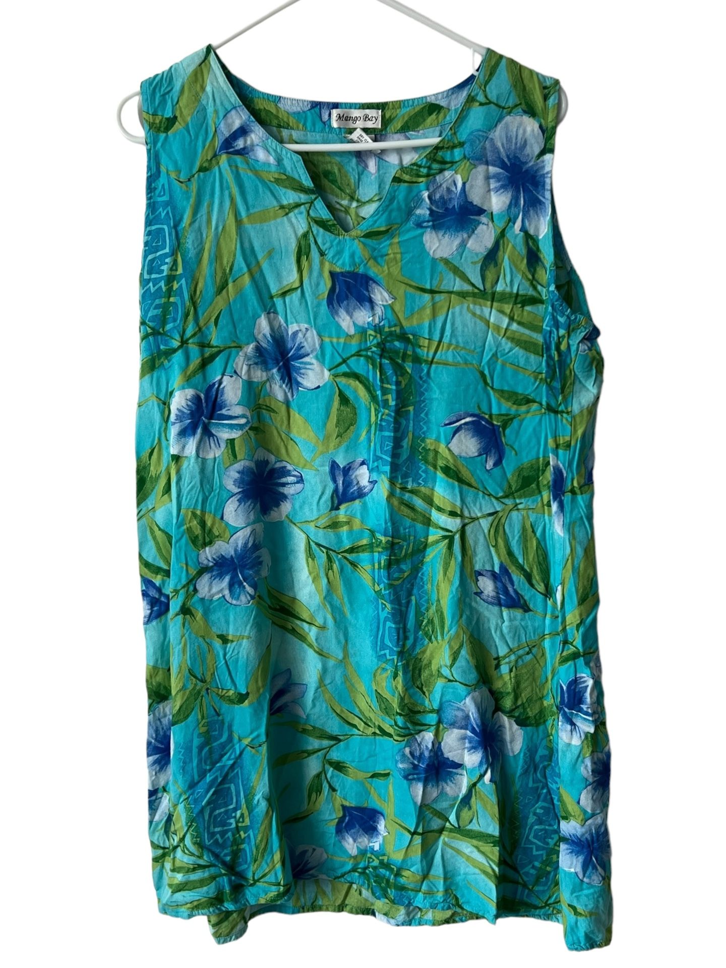 Mango Bay turquoise with tropical hibiscus sleeveless sundress XL Knee Vibrant Comes from a pet and smoke free home. Measurements are in pictures. E