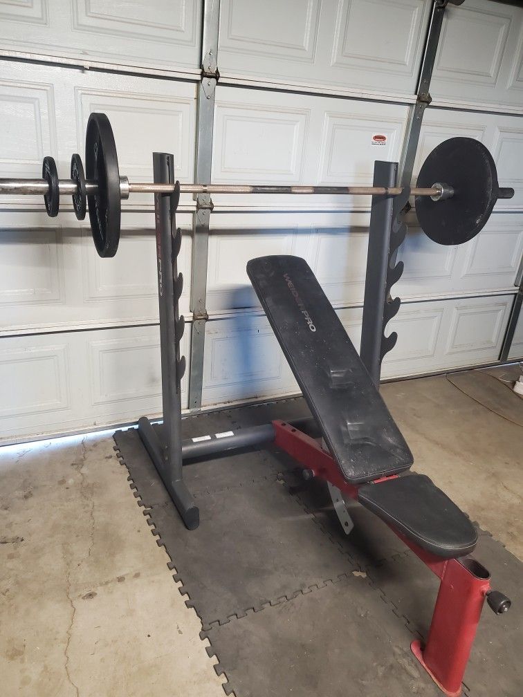 Olympic Weight Set Includes Solid 45lb Bar 2x45lbs 4x5lbs& Adjustable Bench thats 155lb With the Bar