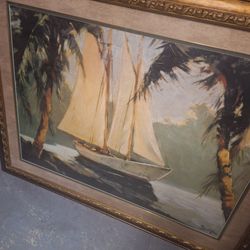 Framed Sailboat Painting with Gold Frame