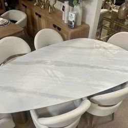 7 pc Contemporary White/ Matte Gold Dining Table Set!