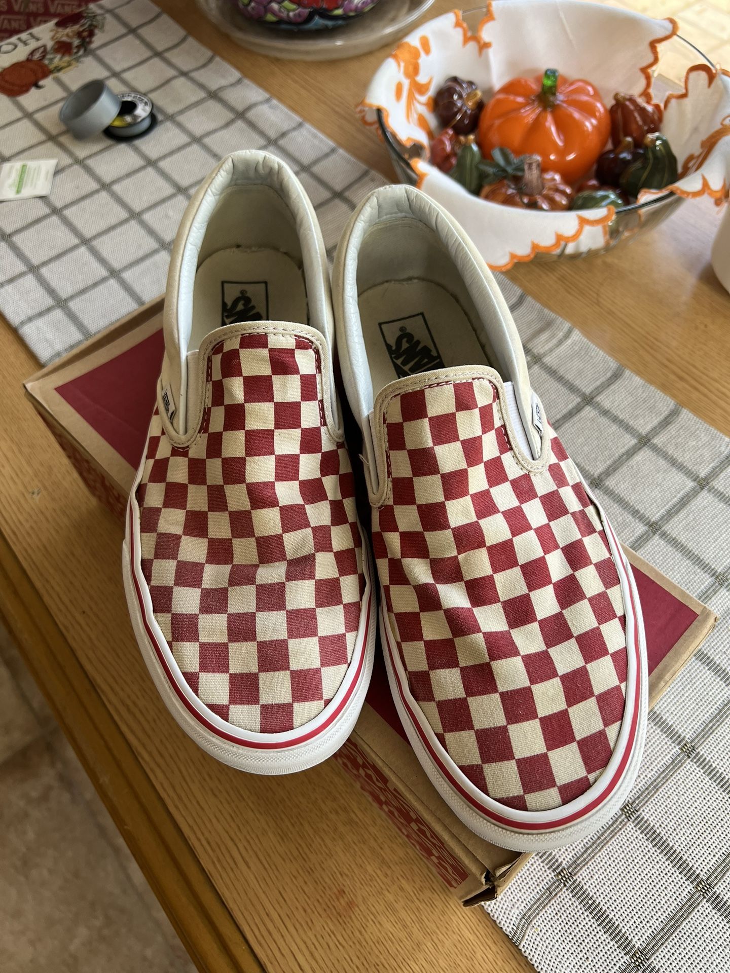 Red Checkered Vans Slip On