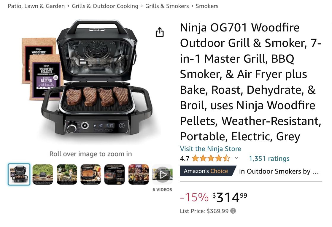  Ninja OG701 Woodfire Outdoor Grill, 7-in-1 Master Grill, BBQ  Smoker, & Outdoor Air Fryer plus Bake, Roast, Dehydrate, & Broil, Woodfire  Technology, with All Purpose Blend Pellets : Home & Kitchen