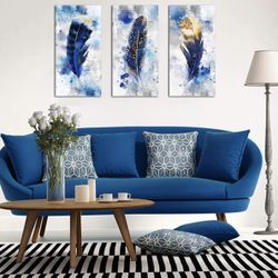 Pogusmavi Blue Canvas Wall Art for Living Room Large Modern Artwork Watercolor Feather Print Picture 3 pieces Canvas Wall Art Bedroom Wall Decor Ready