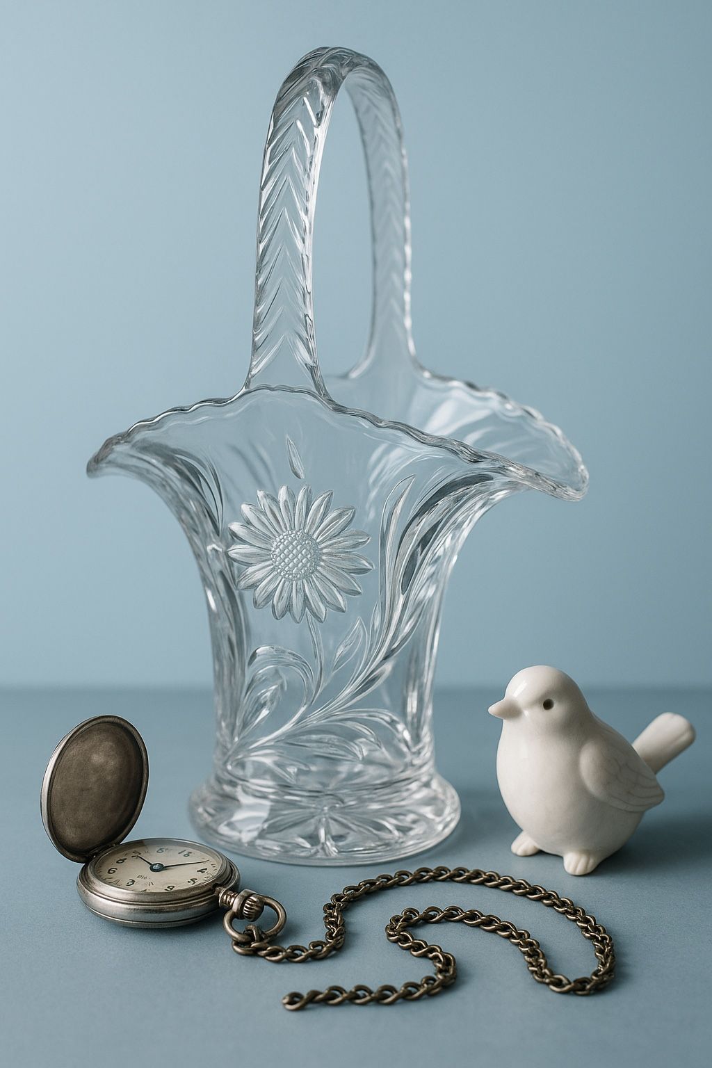 Duncan & Miller USA 1940s Clear Pressed Glass Daisy Basket Vase, 6x4x11”
