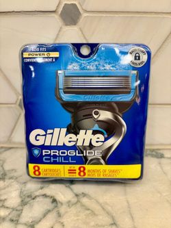 Gillette ProGlide Chill razor blade refills come in a pack of 8 cartridges; 5-blade. New in sealed packaging.