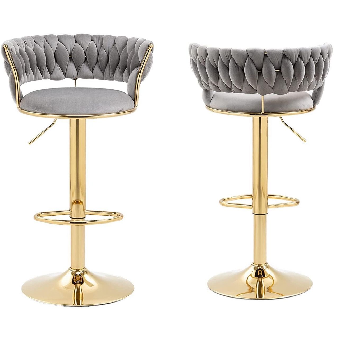 Velvet Woven Barstools Set of 2, Height Adjustable Kitchen Counter Stool, Island Chair, 360°Swivel Bar Chairs Gold Metal Chassis and Low Back Bar Stoo