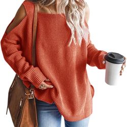 MaQiYa Women's Cold Shoulder Oversized Sweaters Batwing Long Sleeve Square Neck Chunky Knit Fall Tunic Sweater Tops Sz LG